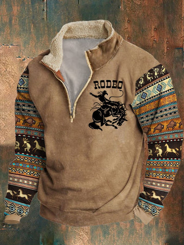 Men's Vintage Western Cowboy Rodeo Aztec Print Fur Collar Paneled Sweatshirt