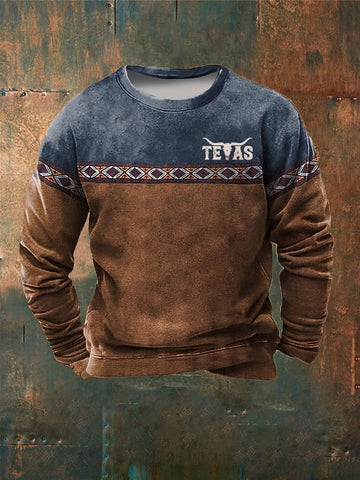 Men's Western Vintage Geometric Print Texas Longhorn Sweatshirt