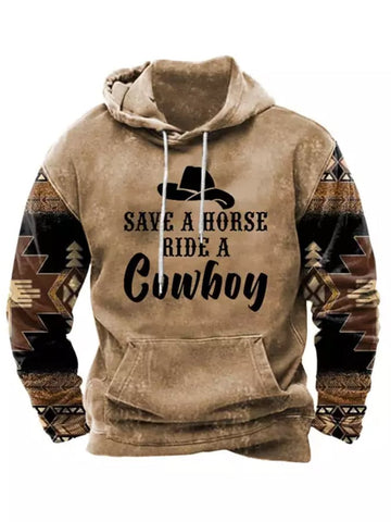 Men's western ethnic style SAVE A HORSE RIDE A Cowboy print casual hooded sweater