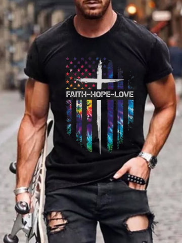 Men's Faith Hope Love Flag Cros Print Casual T-Shrit