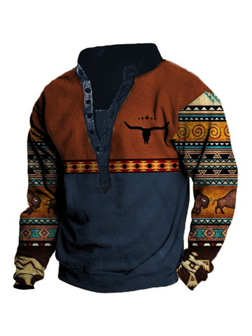 Men's Vintage Print Stand Collar Long Sleeve Casual Sweatshirt