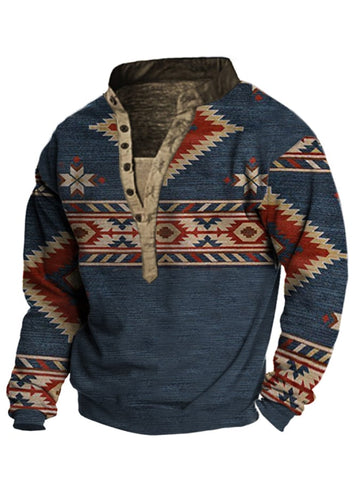 Men's Vintage Western Print Stand Collar Casual Sweatshirt