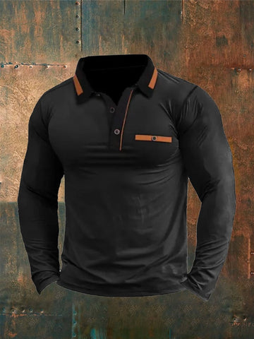 Men's Solid Color Button Long Sleeve Casual POLO Shirt