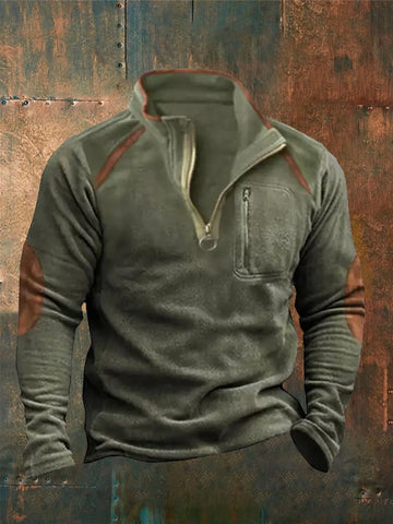Men's Stand Collar Zipper Stitching Long Sleeve Casual Sweatshirt