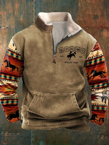 Men's Vintage Western Cowboy Rodeo Aztec Print Fur Collar Paneled Sweatshirt