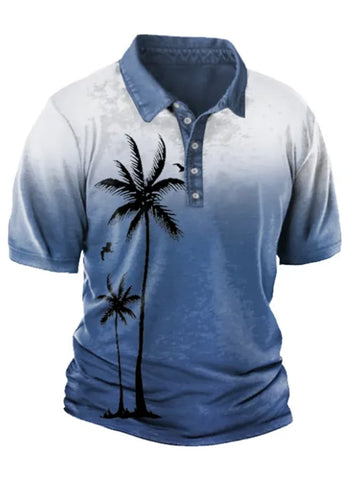 Men's Coconut Tree Gradient Print Lapel Casual Polo Shirt