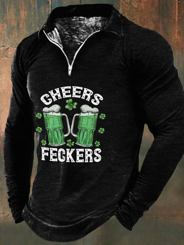 Men's Beer Cheers Feckers St. Patrick's Day Print Zip Long Sleeve Sweatshirt