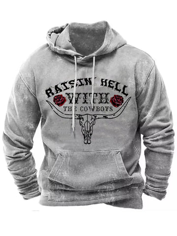 Men's Raisin Hell With The Cowboys Bull Skull Casual Hoodie