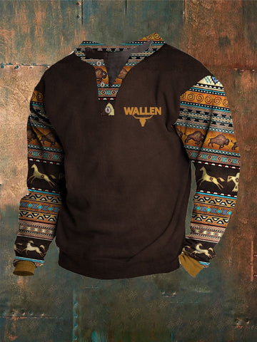 Men's Western Vintage Geometric Totem Print Wallen Bull Button Long Sleeve T-Shirt