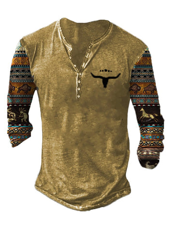 Men'S Western Casual Print Button T-Shirt