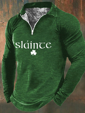 Men's Slainte St. Patrick's Day Print Zip Long Sleeve Sweatshirt