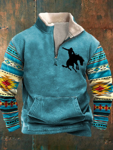 Men's Vintage Western Cowboy Silhouette Print Fur Collar Paneled Sweatshirt