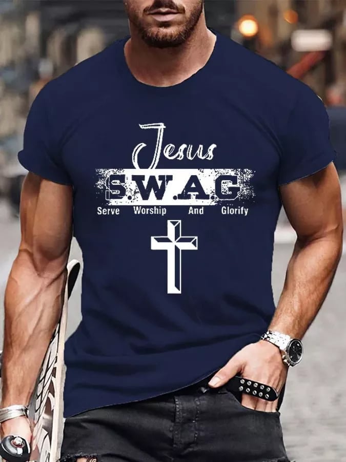 Men's Jesus SWAG Serve Worship And Glorify Crew Print Casual T-Shrit