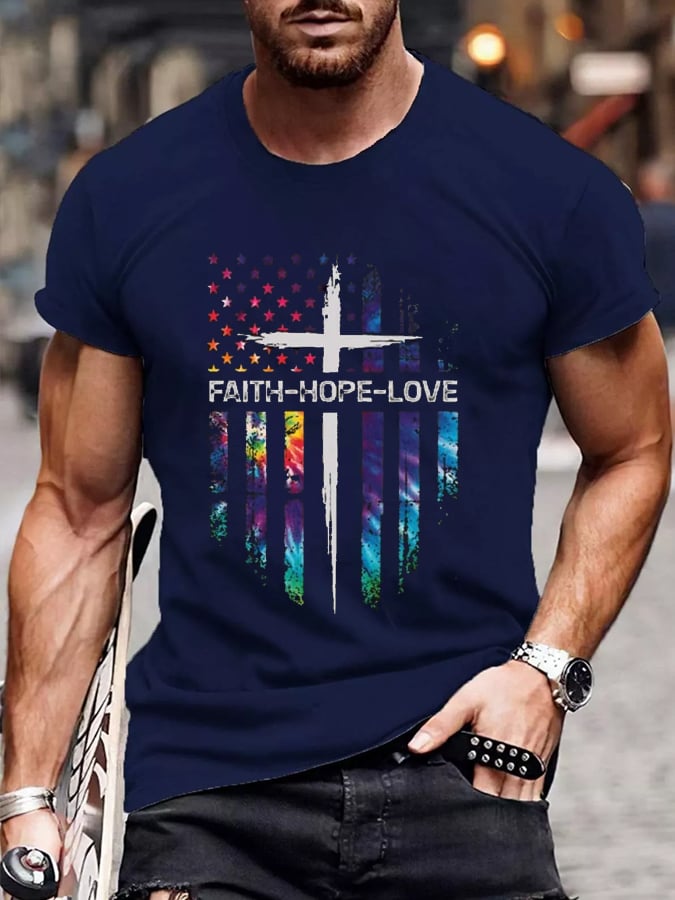Men's Faith Hope Love Flag Cros Print Casual T-Shrit