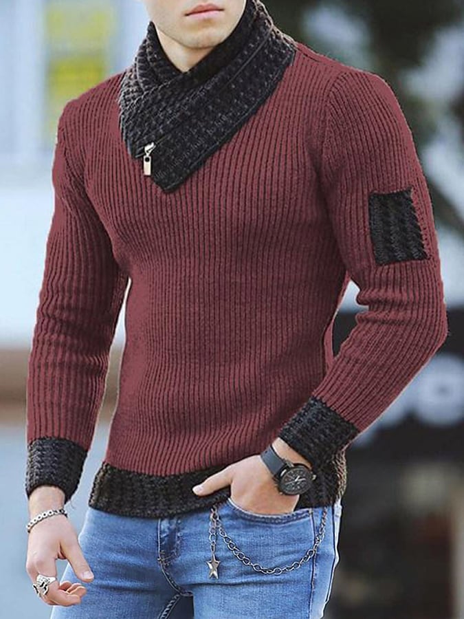 Men's Casual Slim Knit Pullover Long Sleeve Scarf Neck Sweater