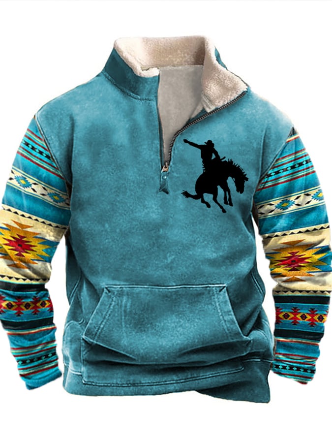 Men's Vintage Western Cowboy Silhouette Print Fur Collar Paneled Sweatshirt