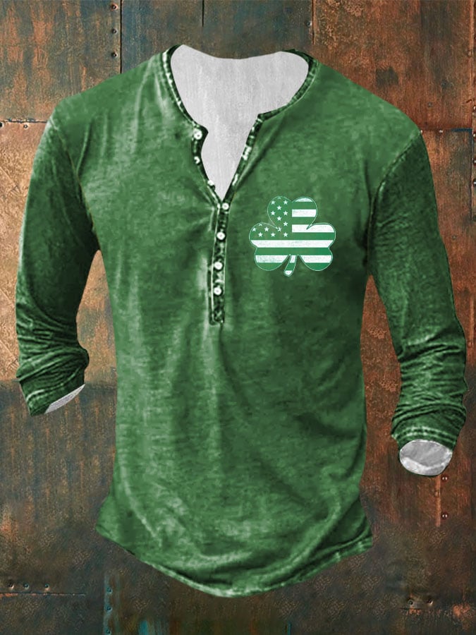 Men'S Clover Casual Print Button T-Shirt