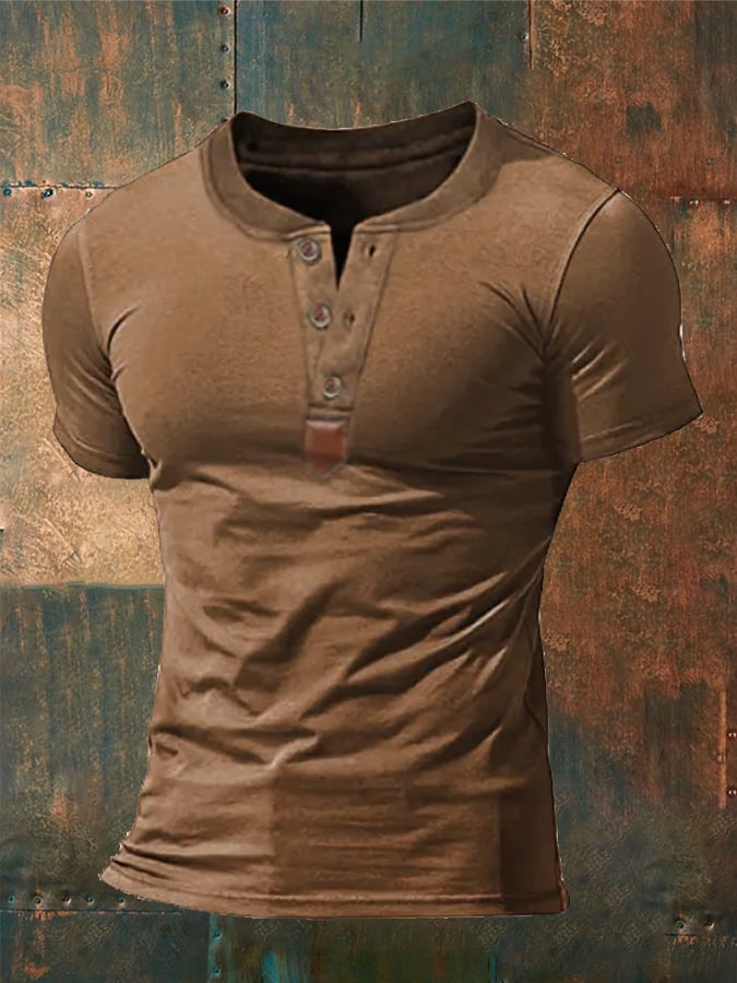 Men's Solid Color Button Collar Casual T-Shirt