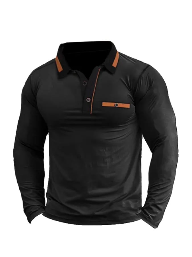 Men's Solid Color Button Long Sleeve Casual POLO Shirt