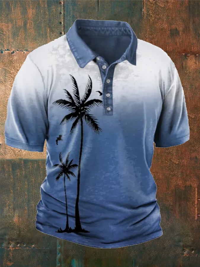 Men's Coconut Tree Gradient Print Lapel Casual Polo Shirt