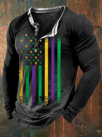 Men's Mardi Gras Casual  Print Button Long Sleeve T-Shirt