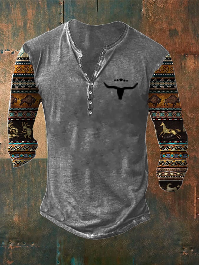 Men'S Western Casual Print Button T-Shirt