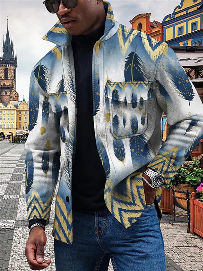 Men's Casual Vintage Feather Print Coat