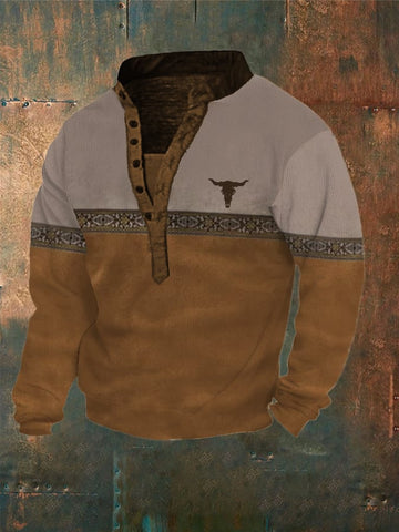 Men's Western Vintage Geometric Print Longhorn Button Long Sleeve Sweatshirt