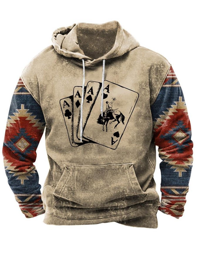 Men's Vintage Ethnic Cowboy Playing Cards Western Print Hoodie