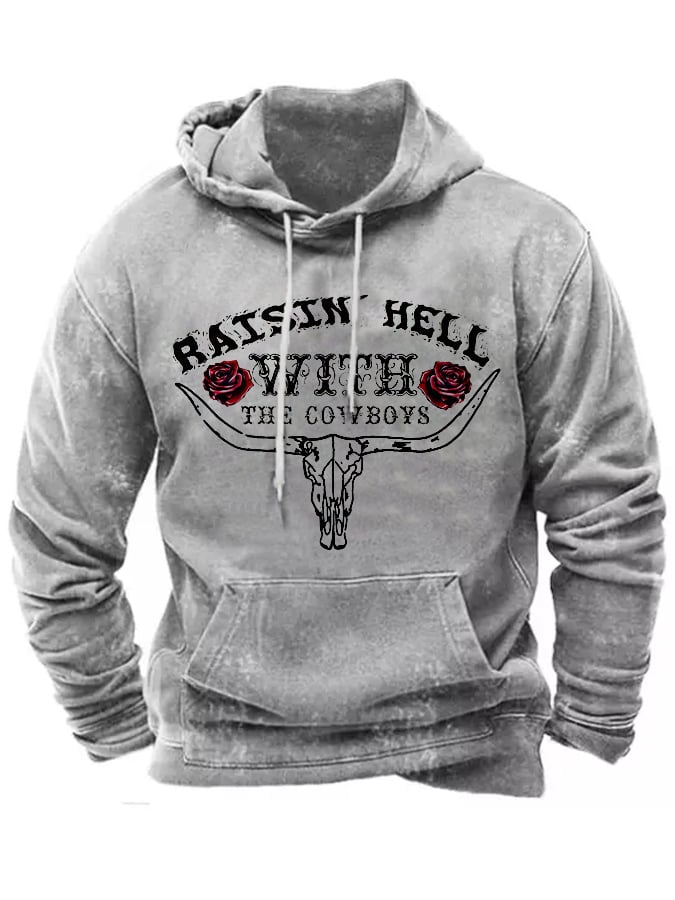 Men's Raisin Hell With The Cowboys Bull Skull Casual Hoodie