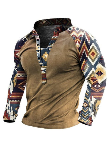 Men's Vintage Western Aztec Print Long-Sleeve Top