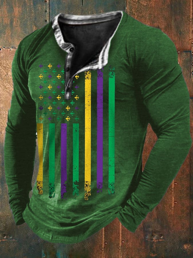 Men's Mardi Gras Casual  Print Button Long Sleeve T-Shirt