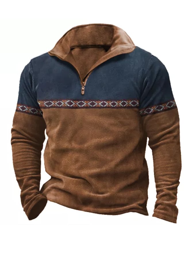 Men's Vintage Colorblock Print Quarter Zip Casual Sweatshirt