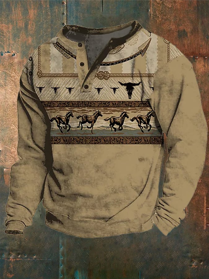 Men's Western Vintage Geometric Totem Print Button Long Sleeve T-Shirt