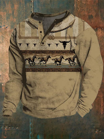 Men's Western Vintage Geometric Totem Print Button Long Sleeve T-Shirt